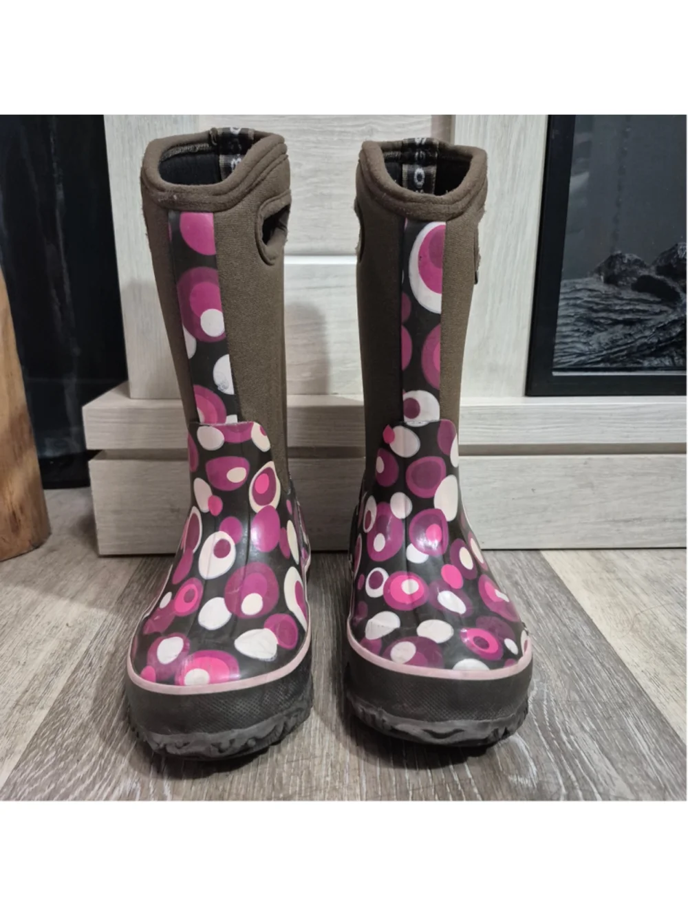 Girls Bogs Winter Boots Brown and Purple Polka Dot Pattern sz 10